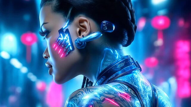 A close-up of a female cyberpunk cyborg. Neon tattoos and implants glow blue and pink against the backdrop of a nighttime city.