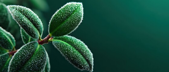 Frosty green leaves with ice crystals on a dark green background Concept of winter, cold weather, and natures beauty in a minimalist style