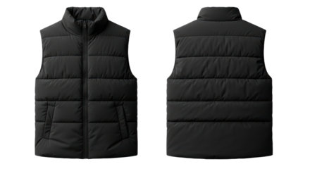 Black quilted puffer vest front and back view on white background trendy outerwear