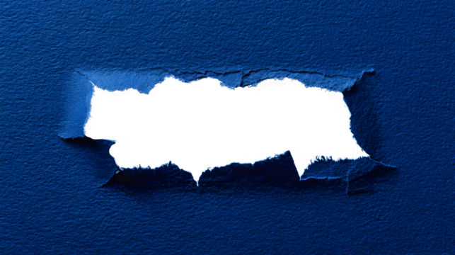 Dark torn hole in blue textured surface isolated on transparent background