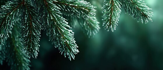 Frosty evergreen branches with ice crystals against a dark green background Winter season nature concept with frozen pine needles and copy space
