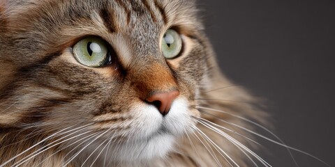Dramatic Eye Portrait of a Captivating Brown Maine Coon Cat Set Against a Simple Gray Background