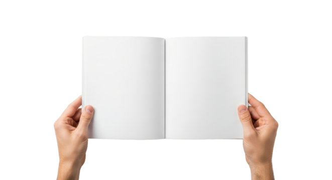 Hands holding open blank book on isolated background for creative design possibilities