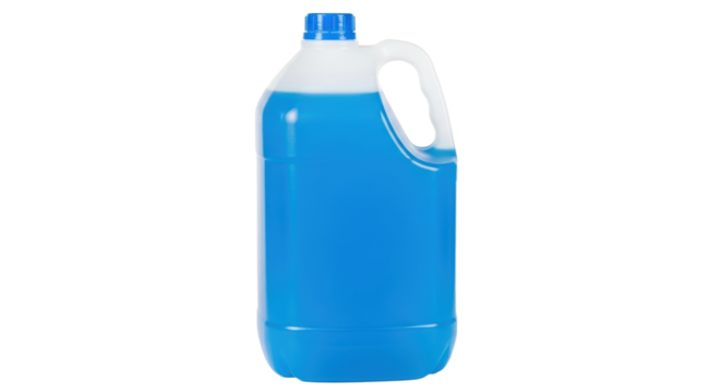 Large plastic jug with blue liquid and handle for household cleaning products