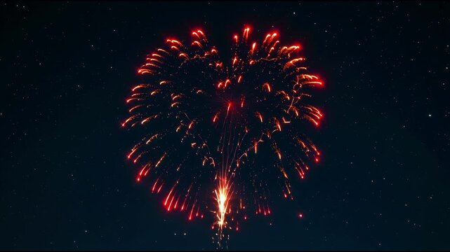 Spectacular red fireworks exploding in the night sky, forming a beautiful heart shape in vibrant 4K video footage for celebrations