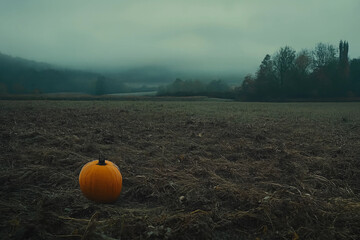 Lone Pumpkin in Foggy Autumn Field with Rolling Hills &ndash; Moody Seasonal Landscape.