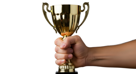 Hand holding a gold trophy cup symbolizing success and achievement on transparent background