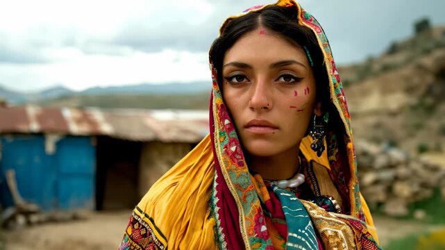 A Romani woman, in colorful traditional dress, stands near a rustic building. The female gypsy traveler, a wanderer and nomad, displays her heritage in a beautiful, authentic manner