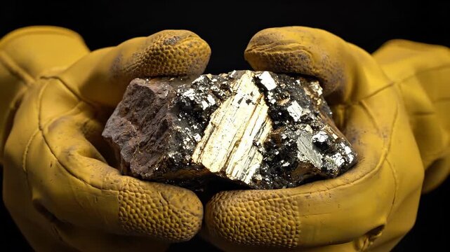 A miner wearing protective yellow gloves holds a valuable raw mineral rock sample containing shiny gold or pyrite ore representing the mining industry and natural resources