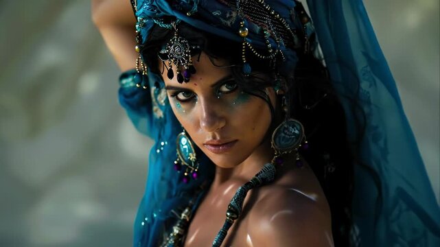 Experience a beautiful woman, a traveler with an intense gaze. Her Gypsy spirit shines through in this close-up. This wanderer wears a flowing blue headpiece. Her Rom look is captivating