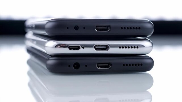 A stack of three modern smartphones in black and silver shows a close-up comparison of different charging ports including USB-C Lightning and Micro-USB connectors