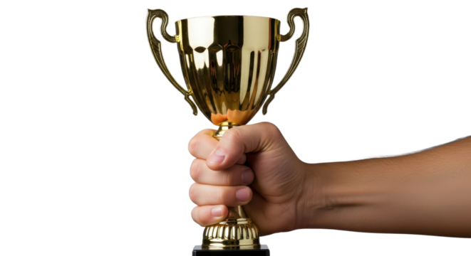 Hand holding a gold trophy cup symbolizing success and achievement on transparent background