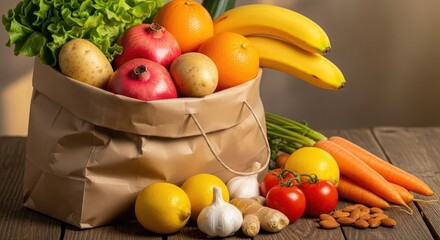 A paper grocery bag filled with fresh fruits and vegetables isolated on white background