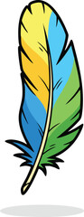 Obraz premium Colorful feather with yellow blue and green sections on white background