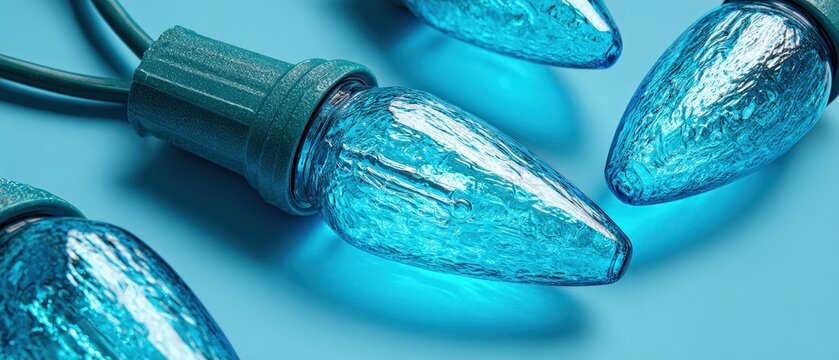 Macro shot of vibrant blue Christmas lights on a matching blue background, creating a festive holiday season mood with bright and cheerful decorations - Powered by Adobe