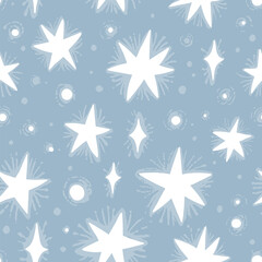 Abstract vector magic hand drawn seamless pattern in white and blue colors. Design with white stars and crystals for textile print, page fill, wrapping paper, web, cover