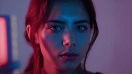 Clip starting model holding eye contact, shifting gaze, blinking in studio under red panel light - Powered by Adobe