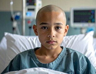 A young patient with a shaved head looks straight at the viewer in a hospital bed