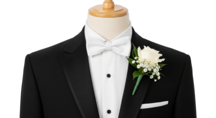 Black tuxedo with white bow tie and boutonniere transparent background cutout png