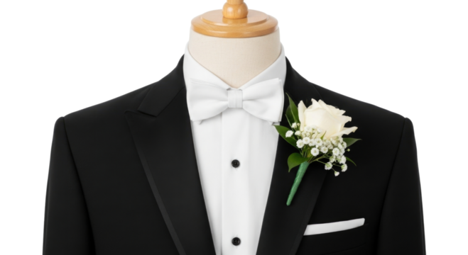 Black tuxedo with white bow tie and boutonniere transparent background cutout png
