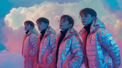 Stepping into view four men modeling iridescent jackets aligning gazes in pink blue cloud set - Powered by Adobe