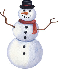 Watercolor illustration of a snowman on transparent background.