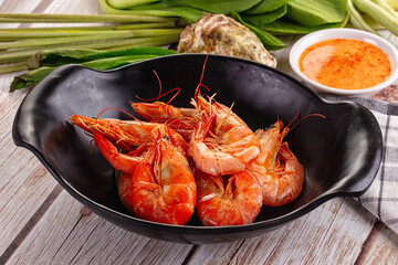 Delicous boiled tiger prawn with sauce