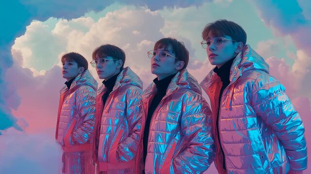 Stepping into view four men modeling iridescent jackets aligning gazes in pink blue cloud set