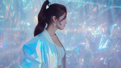 Opening arms model rotating profile at studio showing holographic bomber jacket and white crop top - Powered by Adobe