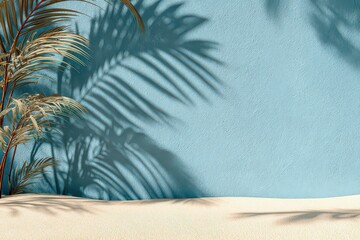 Abstract Composition of Palm Shadows on Textured Blue Wall and Beige Surface with Neutral Lighting