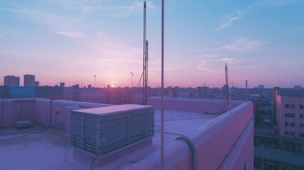 Sun dipping behind skyline initiating camera panning across rooftop, with rectangular HVAC unit - Powered by Adobe