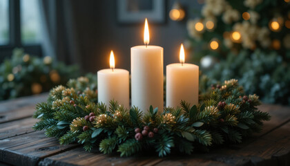 Festive Christmas centerpiece with three lit candles surrounded by lush evergreen wreath adorned with pinecones and berries, creating warm and cozy holiday atmosphere