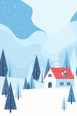 Flat design winter house in snowy forest
