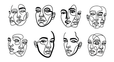 Vector art of collection of eight abstract faces in one line style