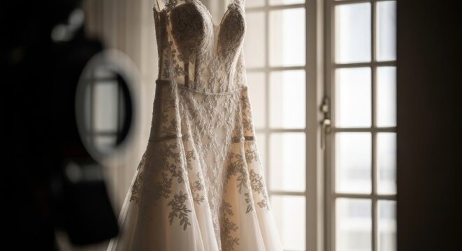 A bridal gown hangs near a bright window, showcasing intricate lace and a fishtail