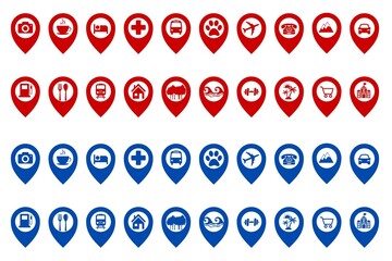 Set of map pointer icons, icons of map pointer , set of map pointer, pointer icon set, icon set of map pin, pin icon, jungle, restaurant, sea, hotel, hospital, school, house, zoo, station, airport