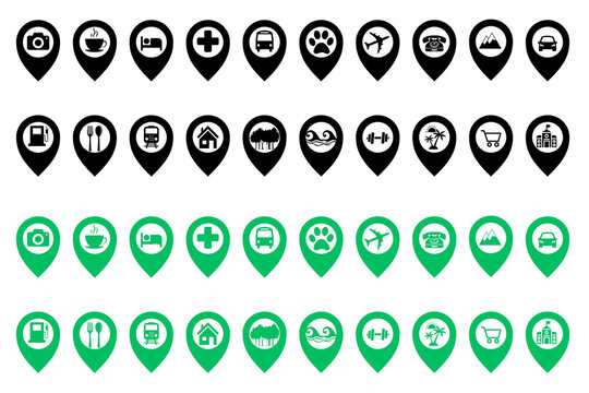 Set of map pointer icons, icons of map pointer , set of map pointer, pointer icon set, icon set of map pin, pin icon, jungle, restaurant, sea, hotel, hospital, school, house, zoo, station, airport