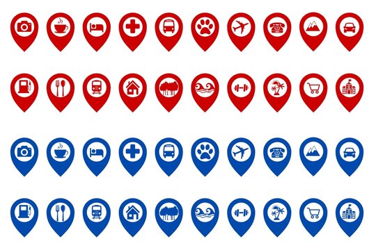 Set of map pointer icons, icons of map pointer , set of map pointer, pointer icon set, icon set of map pin, pin icon, jungle, restaurant, sea, hotel, hospital, school, house, zoo, station, airport