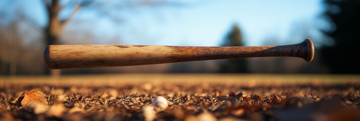 Vintage Natural Old Baseball Bat Resting on a Field Covered with Dry Brown Autumn Leaves Outdoors
