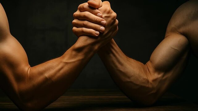 Two muscular men arm wrestling on wooden table in dark setting