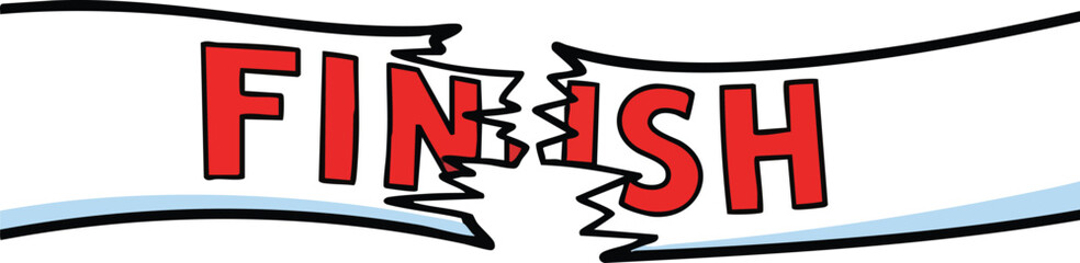 Finish line tape broken red letters white background blue accent