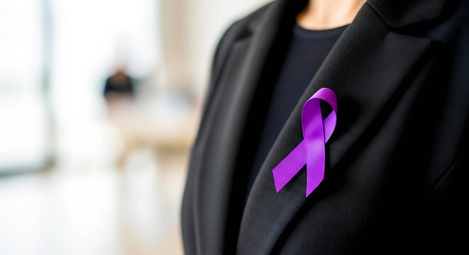Woman wearing purple awareness ribbon on blazer indoors  