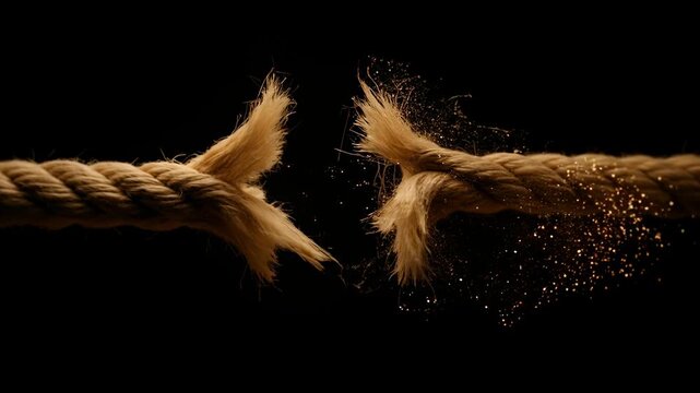 Frayed rope breaking under tension with dark background close up