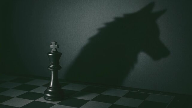 Chess king piece casting wolf shadow on chessboard symbolizing power and strategy