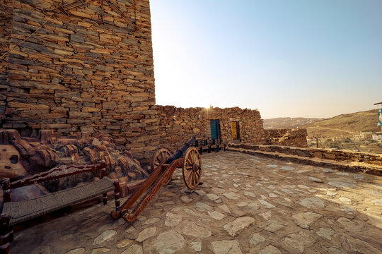 Al baha city ,Aseer Province , Saudi Arabia - September 12, 2022: beautiful historical stone building at Al Malad castle