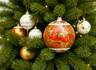 Fototapeta premium A Christmas tree ball in the Golden Khokhloma style with an image of a horse, the symbol of the year 2026.