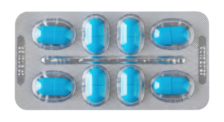 Blue pills in blister pack transparent background cutout png