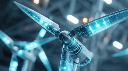 A futuristic wind turbine with glowing blue circuits, suggesting energy & technology - Powered by Adobe