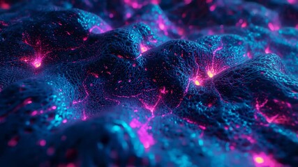 Rippling mesh forming waves in digital environment, simulating flow with pink nodes, neon filaments - Powered by Adobe