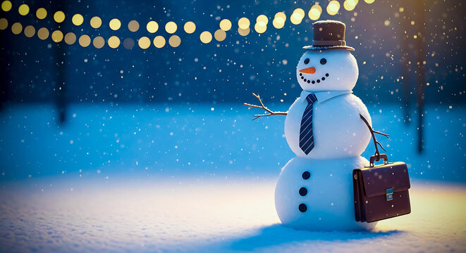 Snowman wearing a top hat and tie holding a briefcase in winter  